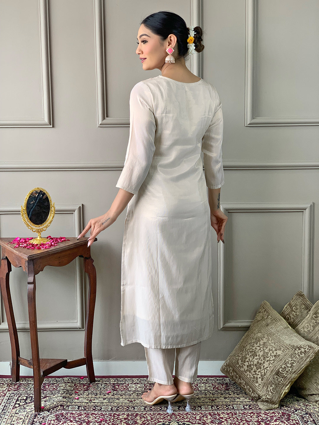 White Simar Chanderi Kurti Set for Women