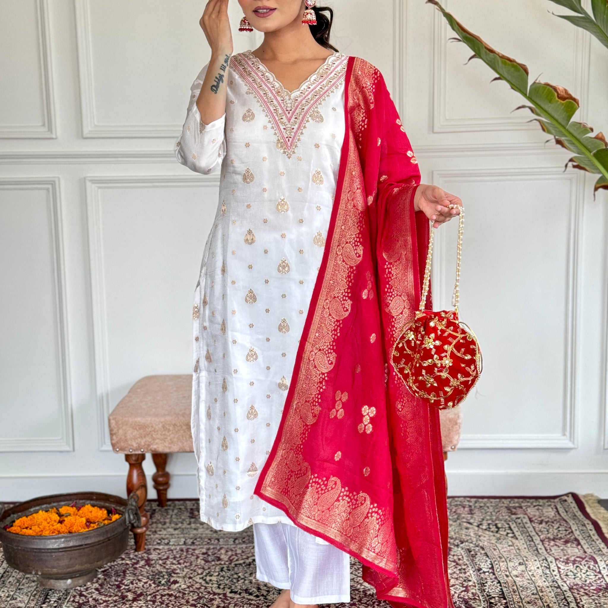 White Jacquard Kurti Set with Red Dupatta