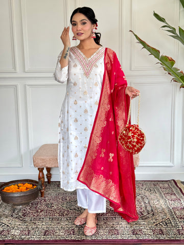 White Jacquard Kurti Set with Red Dupatta