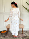 White Jacquard Kurti Set with Red Dupatta