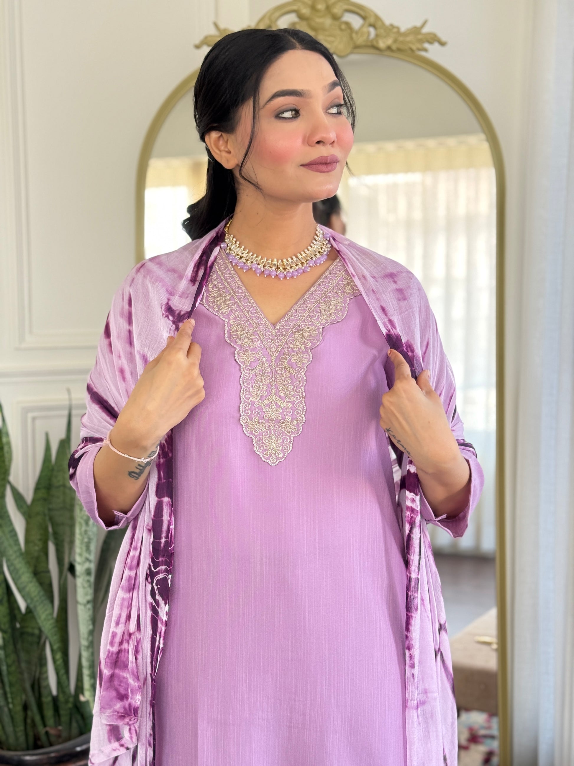 Lavender Viscose Kurti Set with Tie-Dye Nazneen Dupatta