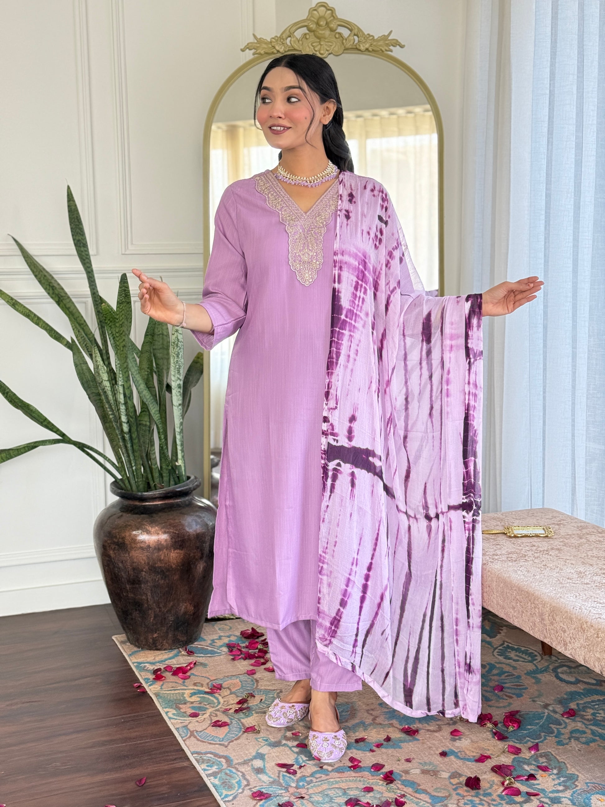 Lavender Viscose Kurti Set with Tie-Dye Nazneen Dupatta