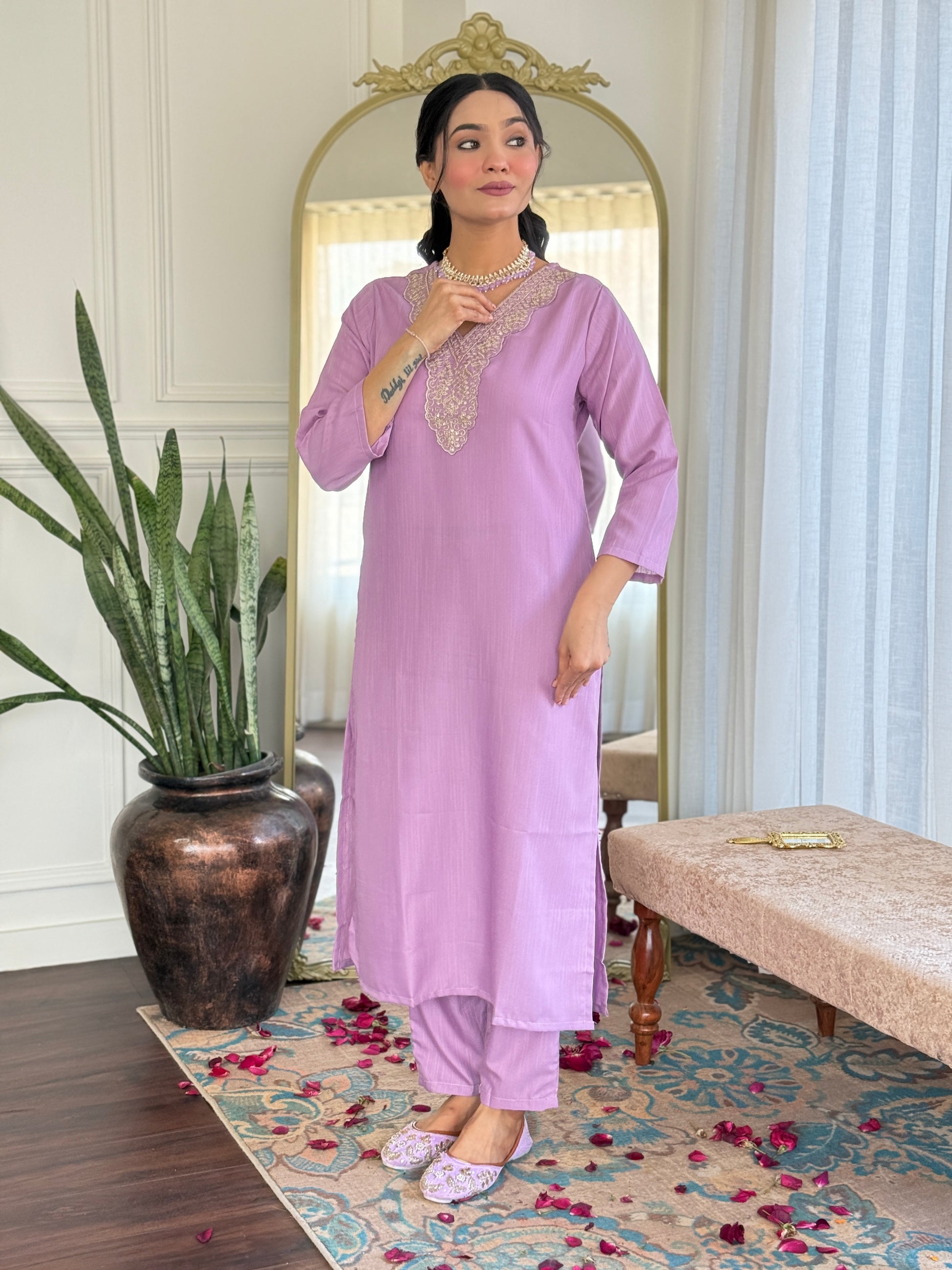 Lavender Viscose Kurti Set with Tie-Dye Nazneen Dupatta