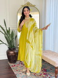 Lime Green Viscose Kurti Set with Tie-Dye Nazneen Dupatta