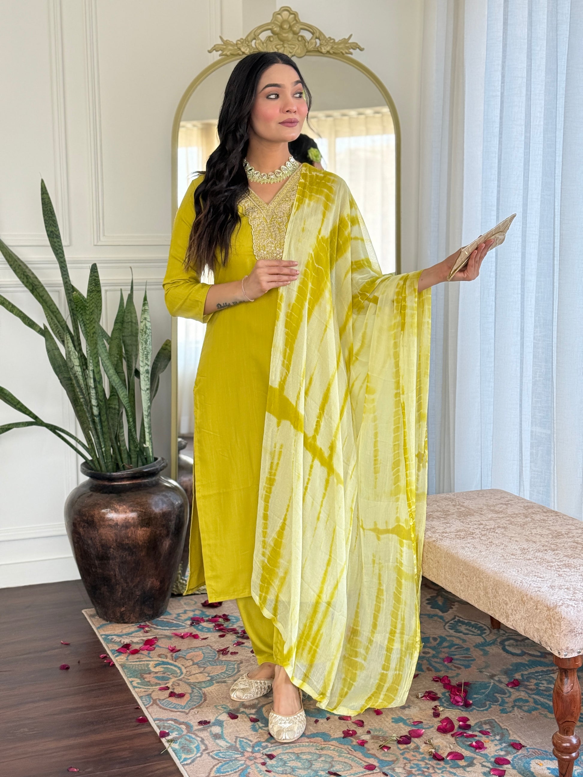 Lime Green Viscose Kurti Set with Tie-Dye Nazneen Dupatta