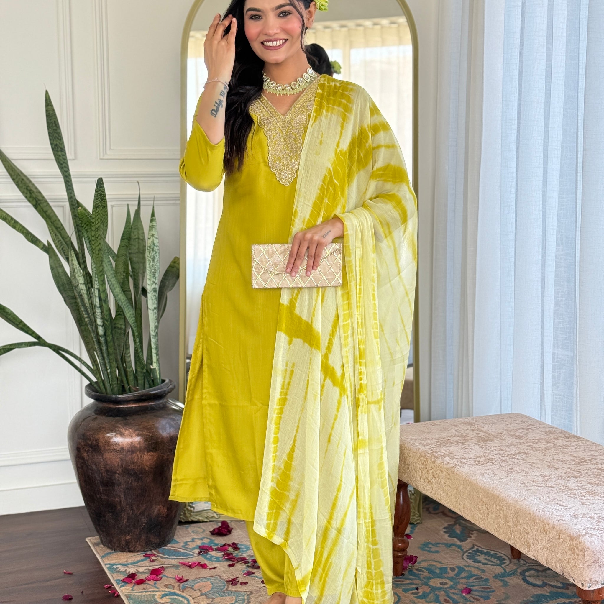 Lime Green Viscose Kurti Set with Tie-Dye Nazneen Dupatta