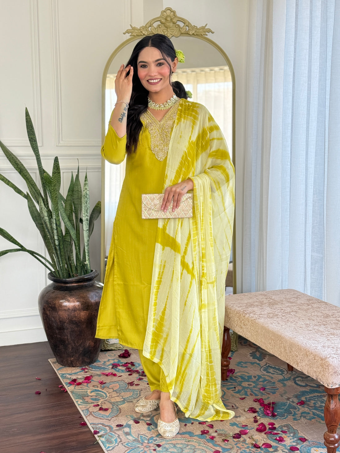 Lime Green Viscose Kurti Set with Tie-Dye Nazneen Dupatta