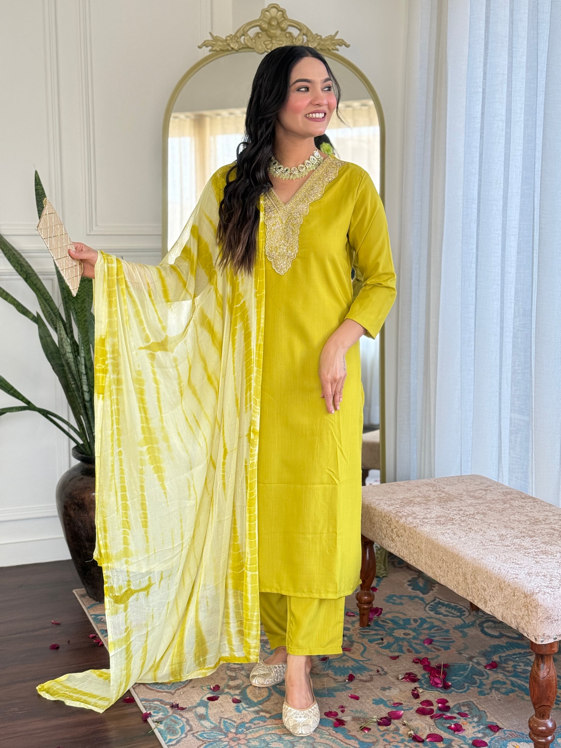 Lime Green Viscose Kurti Set with Tie-Dye Nazneen Dupatta