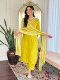 Lime Green Viscose Kurti Set with Tie-Dye Nazneen Dupatta