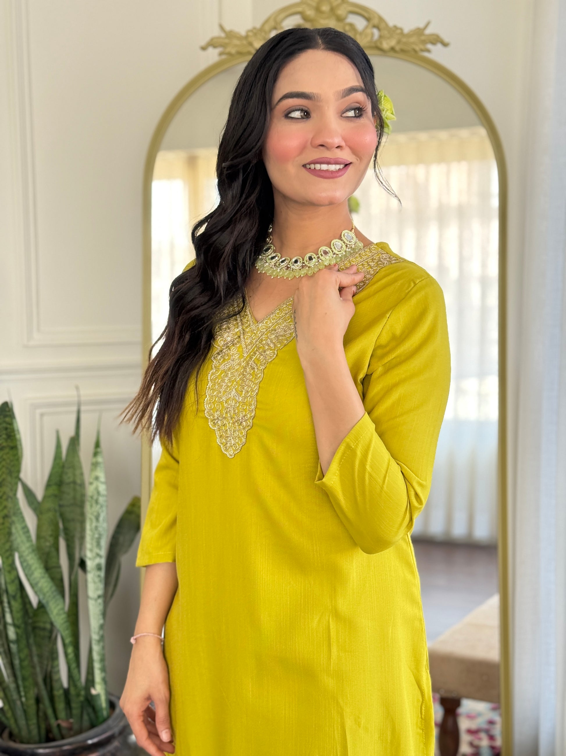 Lime Green Viscose Kurti Set with Tie-Dye Nazneen Dupatta