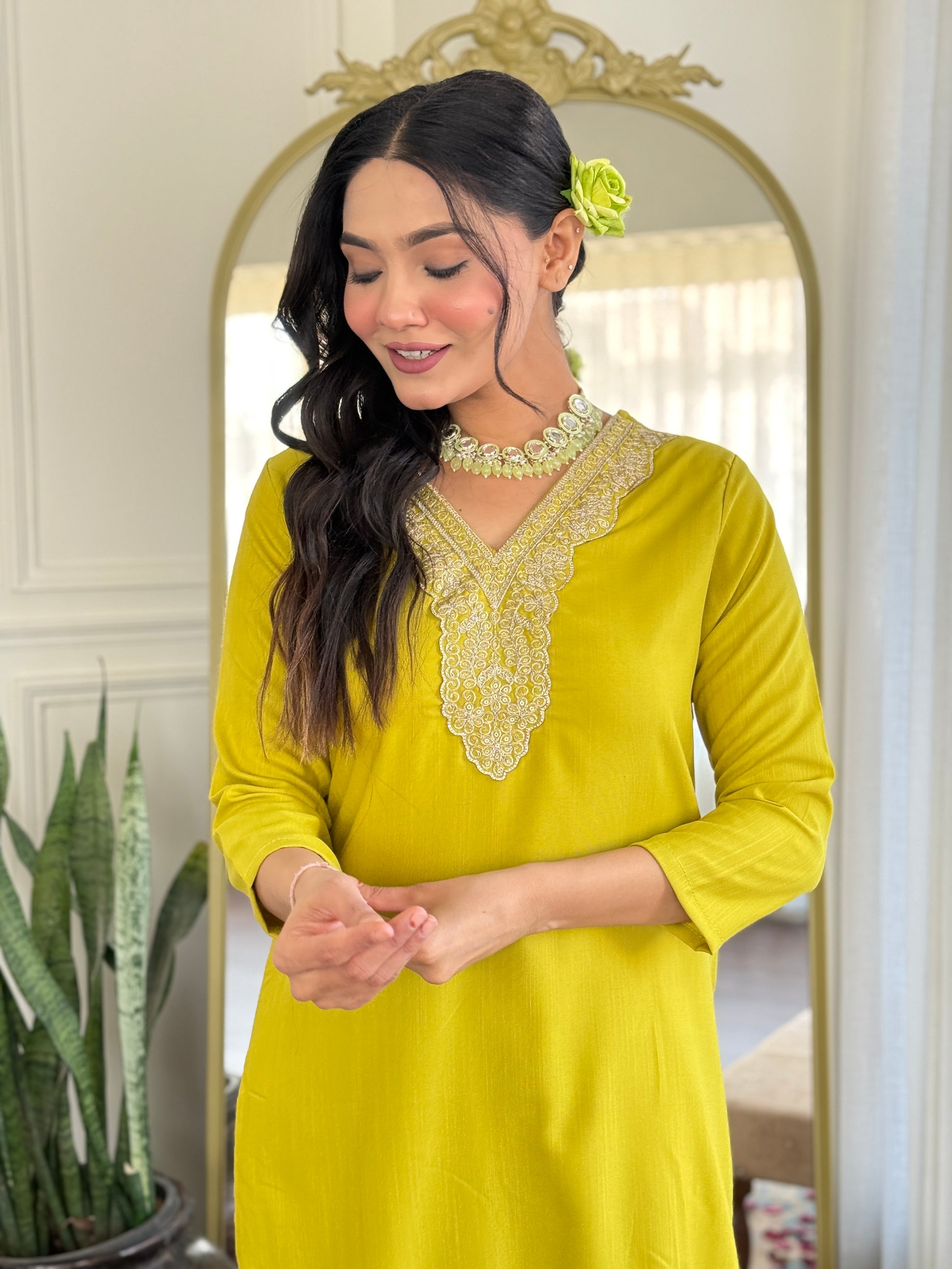 Lime Green Viscose Kurti Set with Tie-Dye Nazneen Dupatta