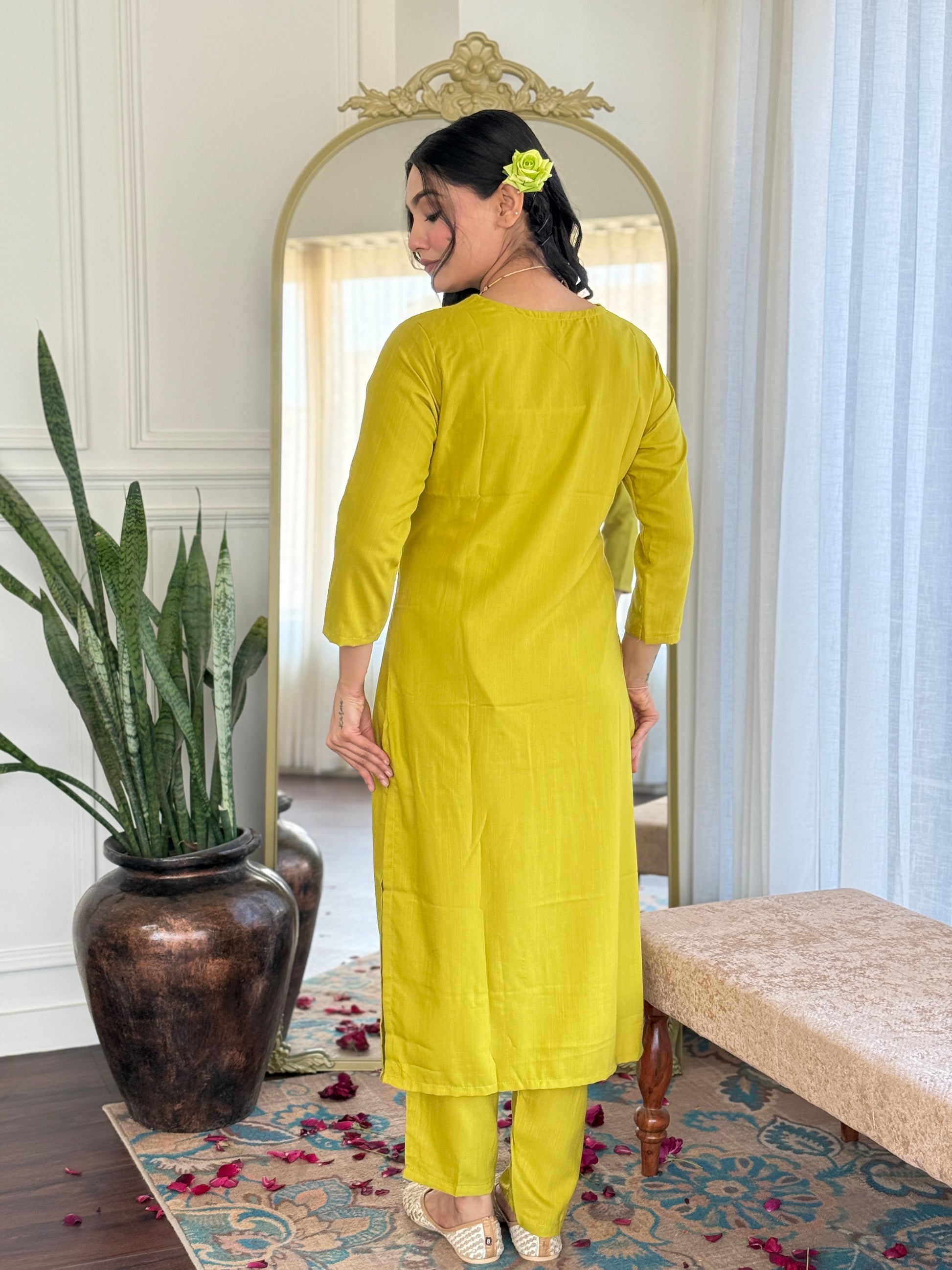 Lime Green Viscose Kurti Set with Tie-Dye Nazneen Dupatta