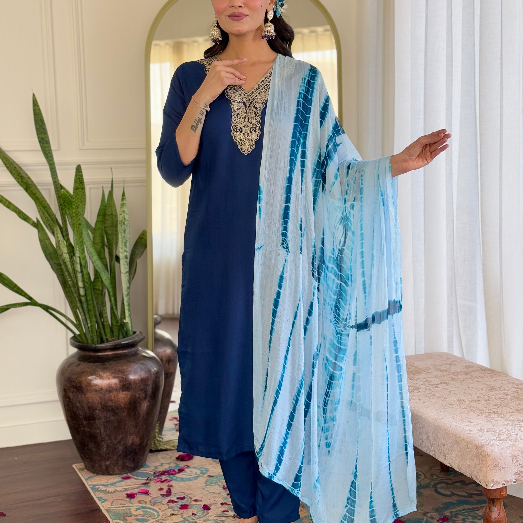 Blue Viscose Kurti Set with Nazneen Tie-Dye Dupatta