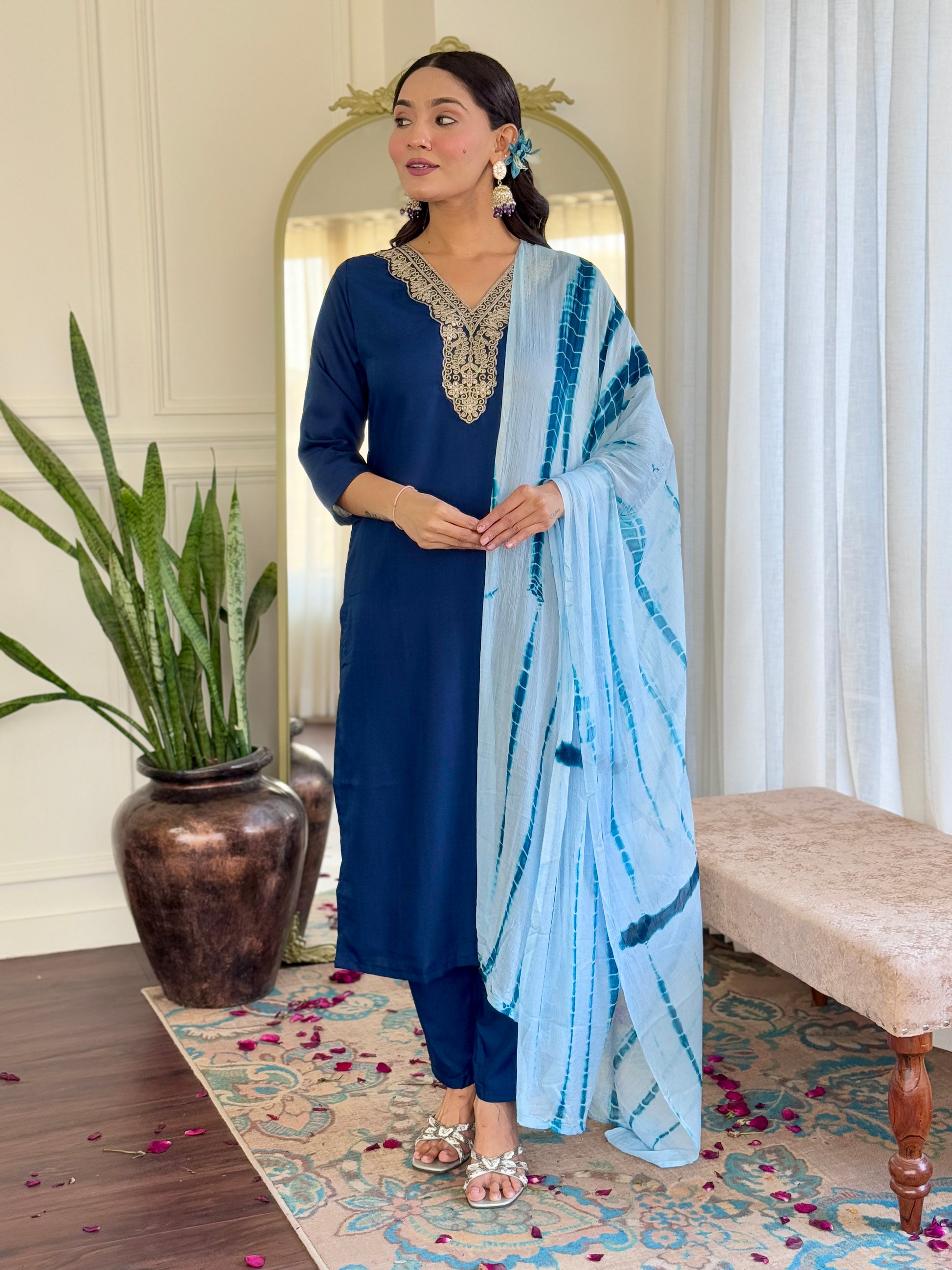 Blue Viscose Kurti Set with Nazneen Tie-Dye Dupatta