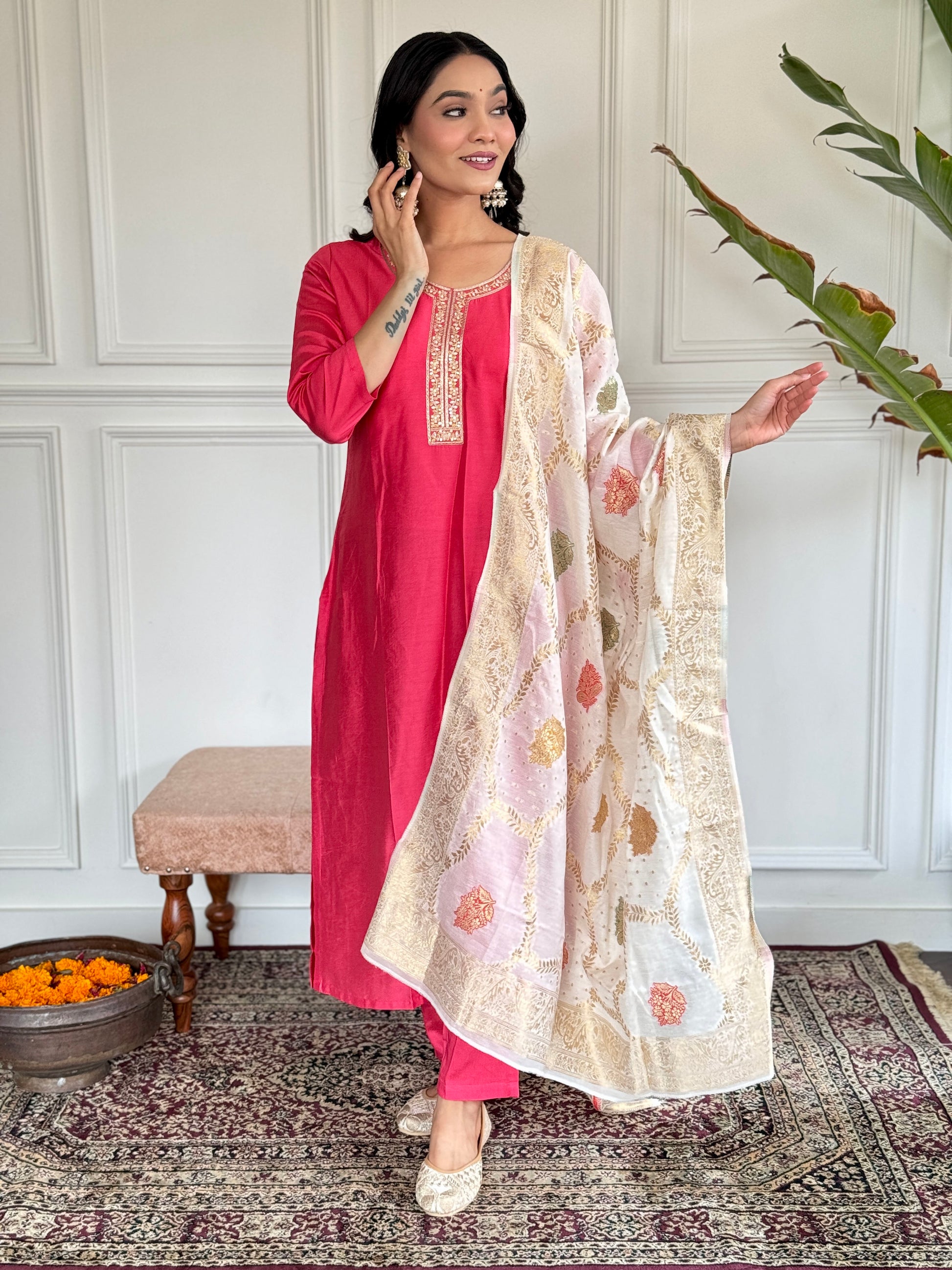 Rose Pink Chanderi Kurti Set with Jacquard Dupatta