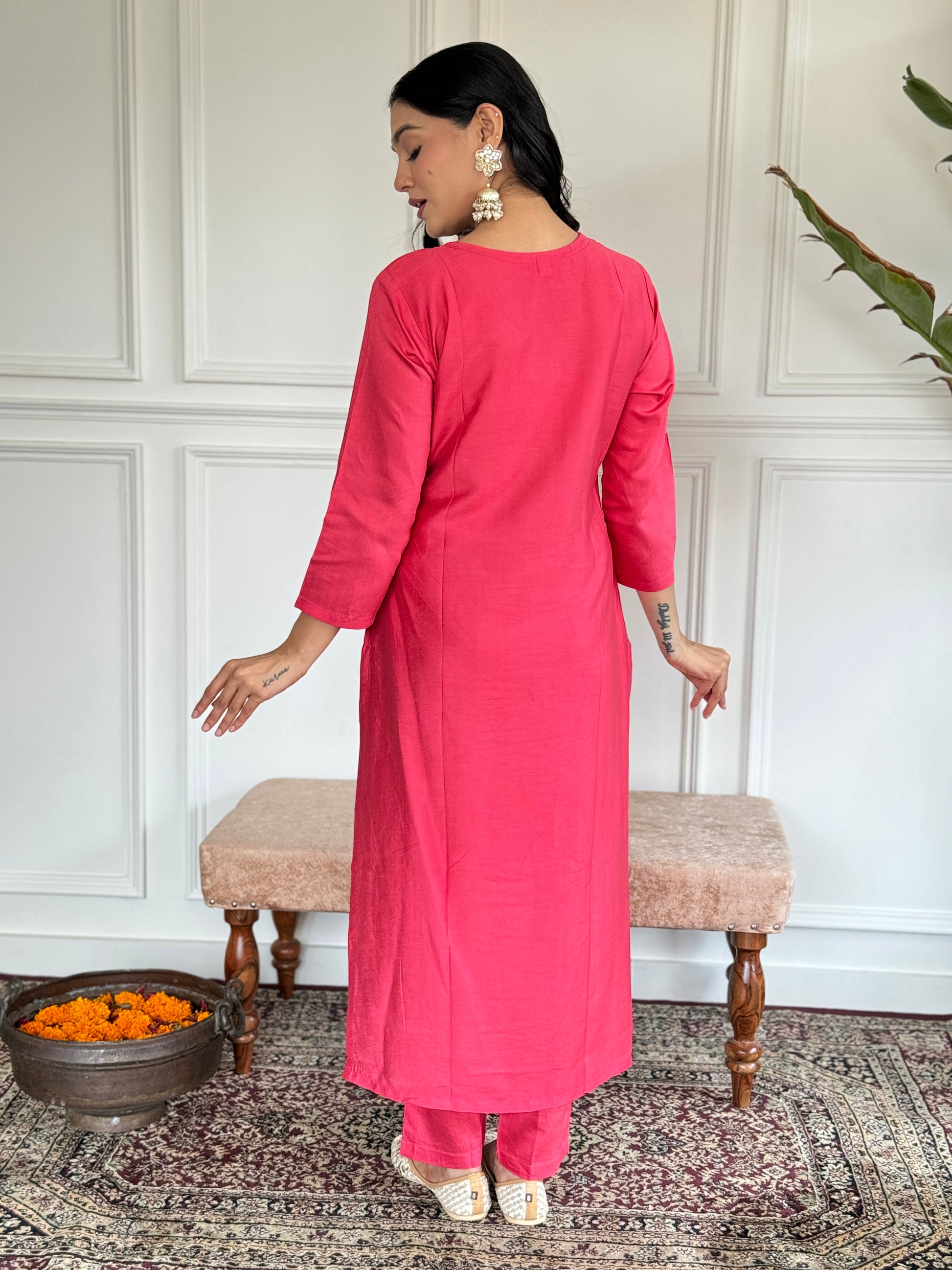 Rose Pink Chanderi Kurti Set with Jacquard Dupatta