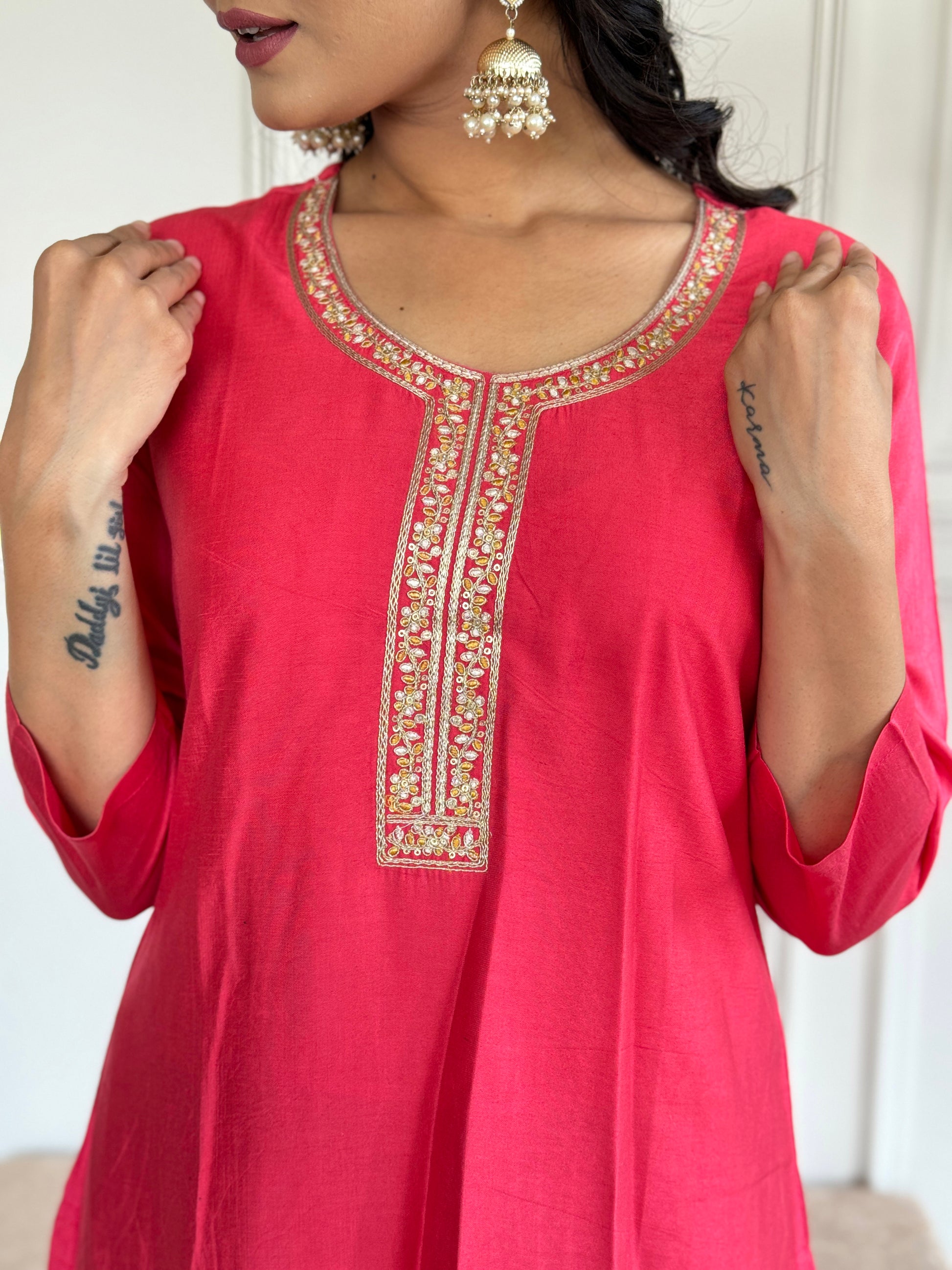 Rose Pink Chanderi Kurti Set with Jacquard Dupatta