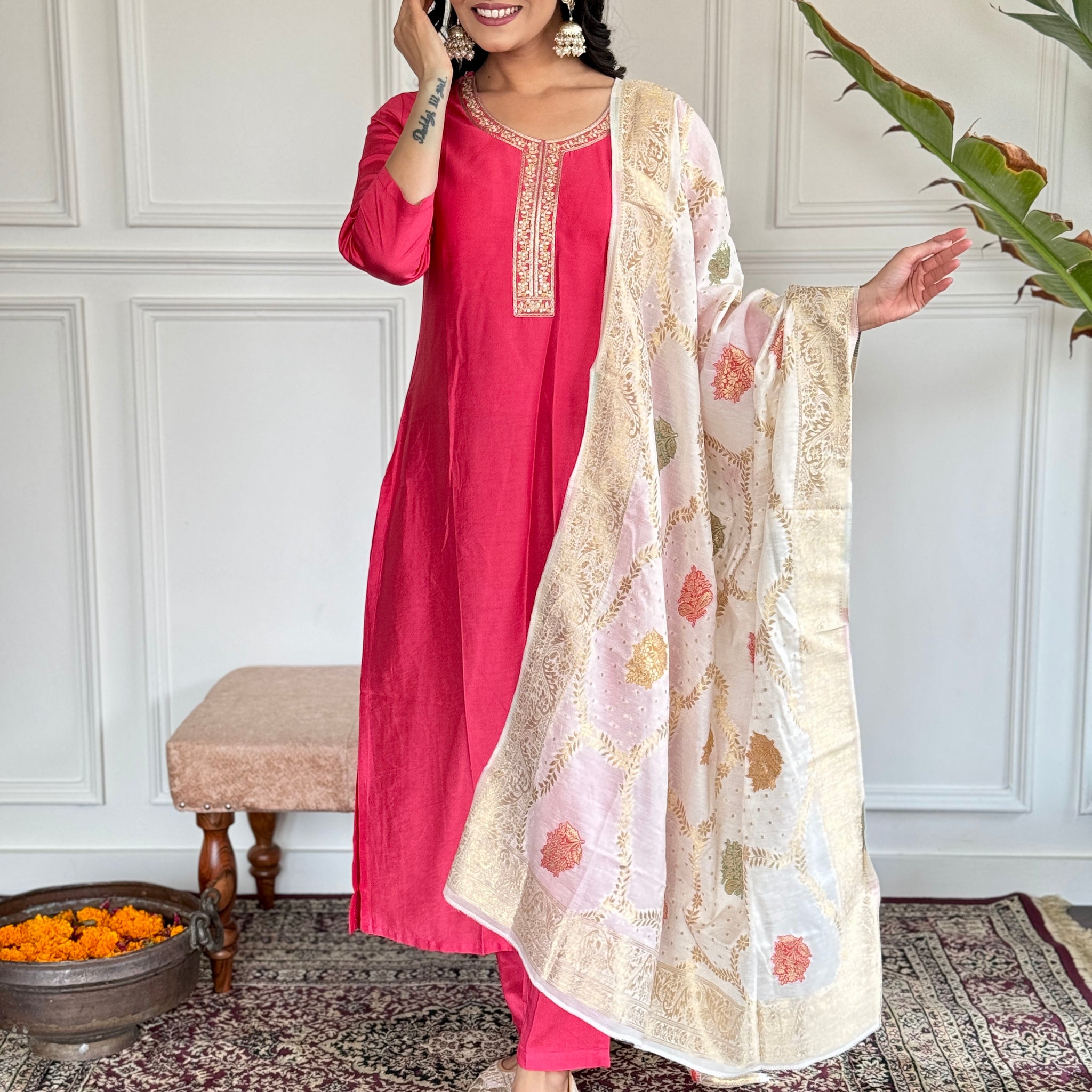 Rose Pink Chanderi Kurti Set with Jacquard Dupatta