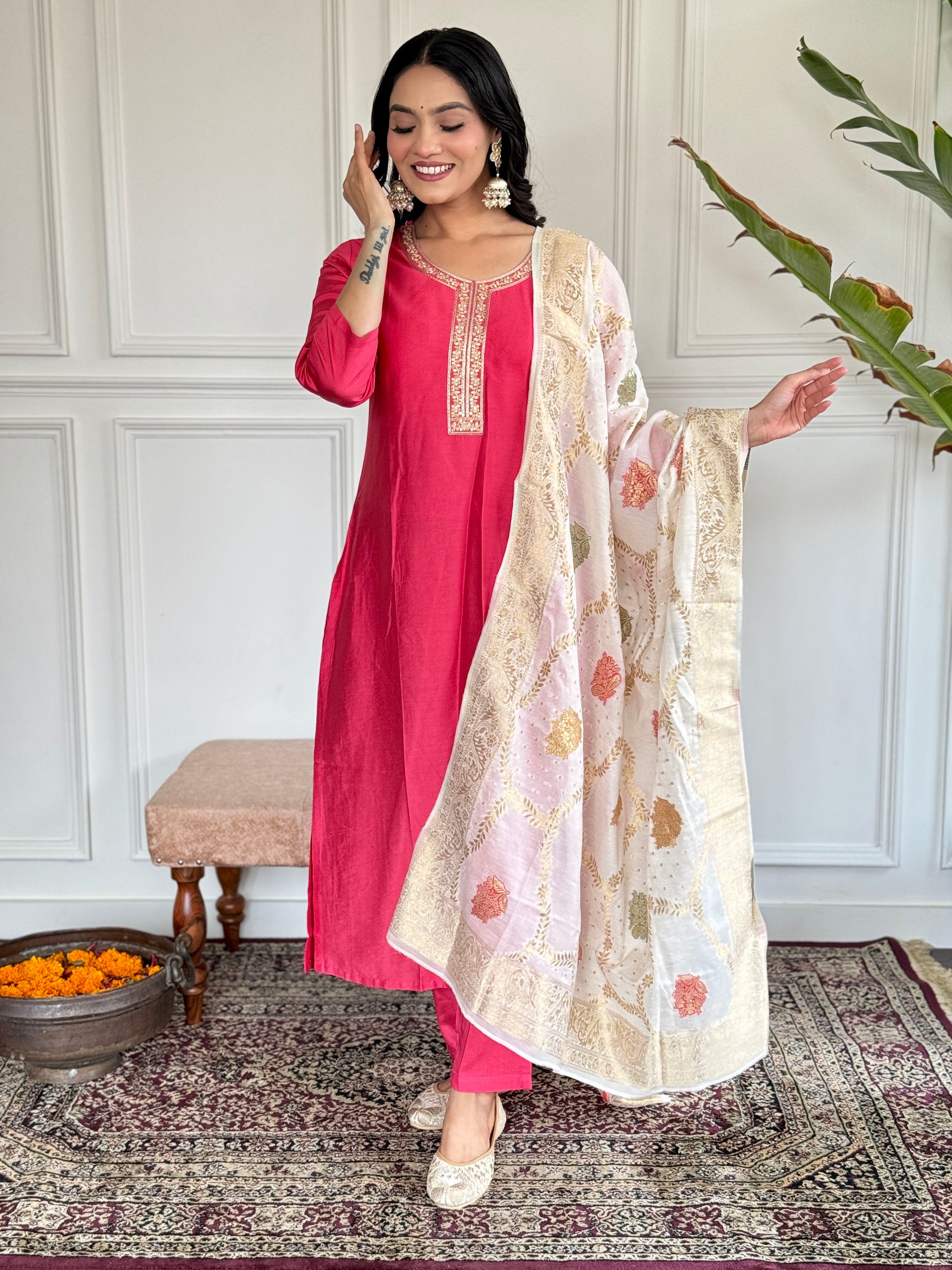 Rose Pink Chanderi Kurti Set with Jacquard Dupatta