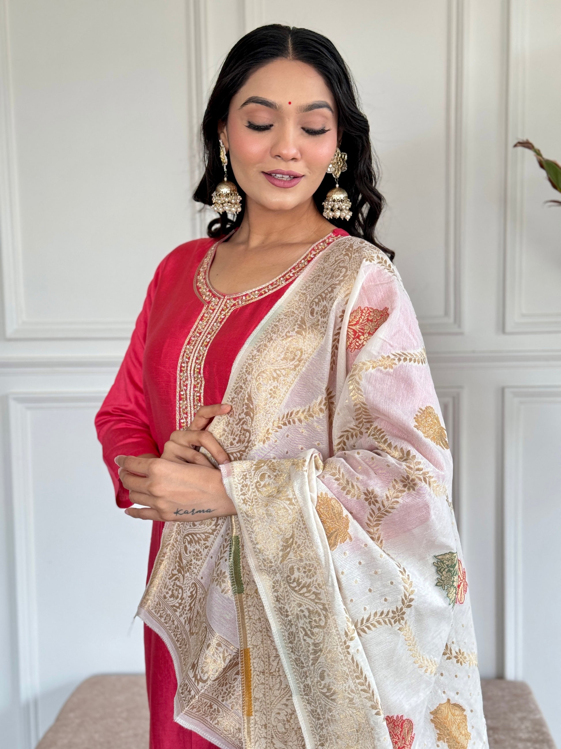 Rose Pink Chanderi Kurti Set with Jacquard Dupatta