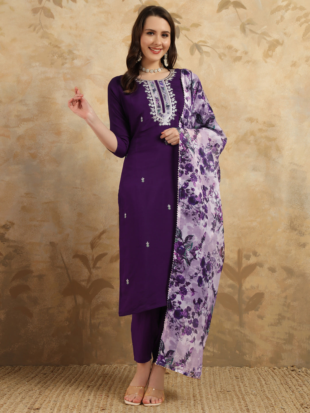 Deep Purple Chanderi Kurti Set with Floral Printed Tebby Dupatta