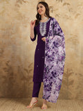 Deep Purple Chanderi Kurti Set with Floral Printed Tebby Dupatta