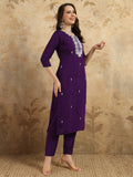 Deep Purple Chanderi Kurti Set with Floral Printed Tebby Dupatta