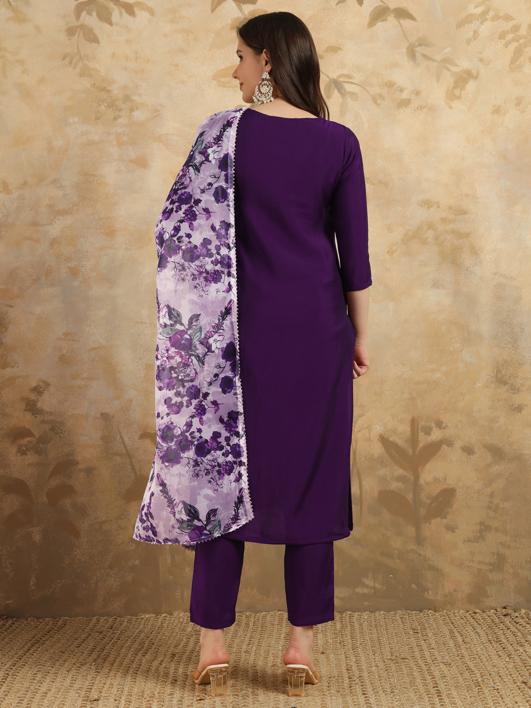 Deep Purple Chanderi Kurti Set with Floral Printed Tebby Dupatta