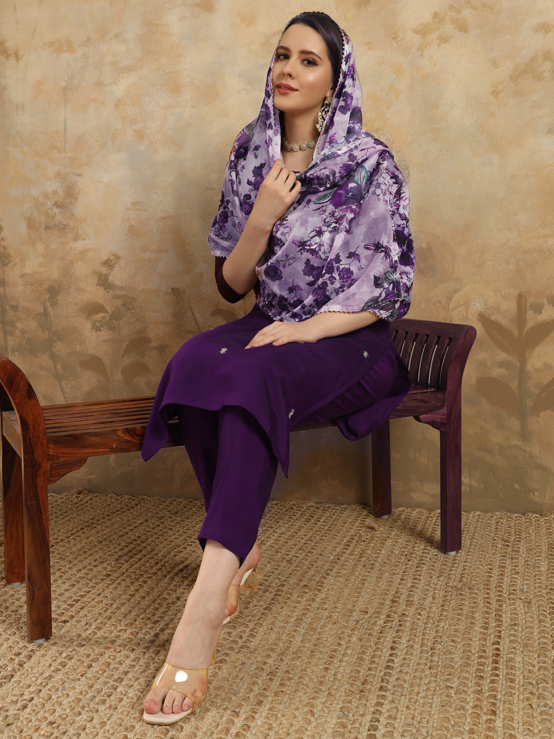 Deep Purple Chanderi Kurti Set with Floral Printed Tebby Dupatta