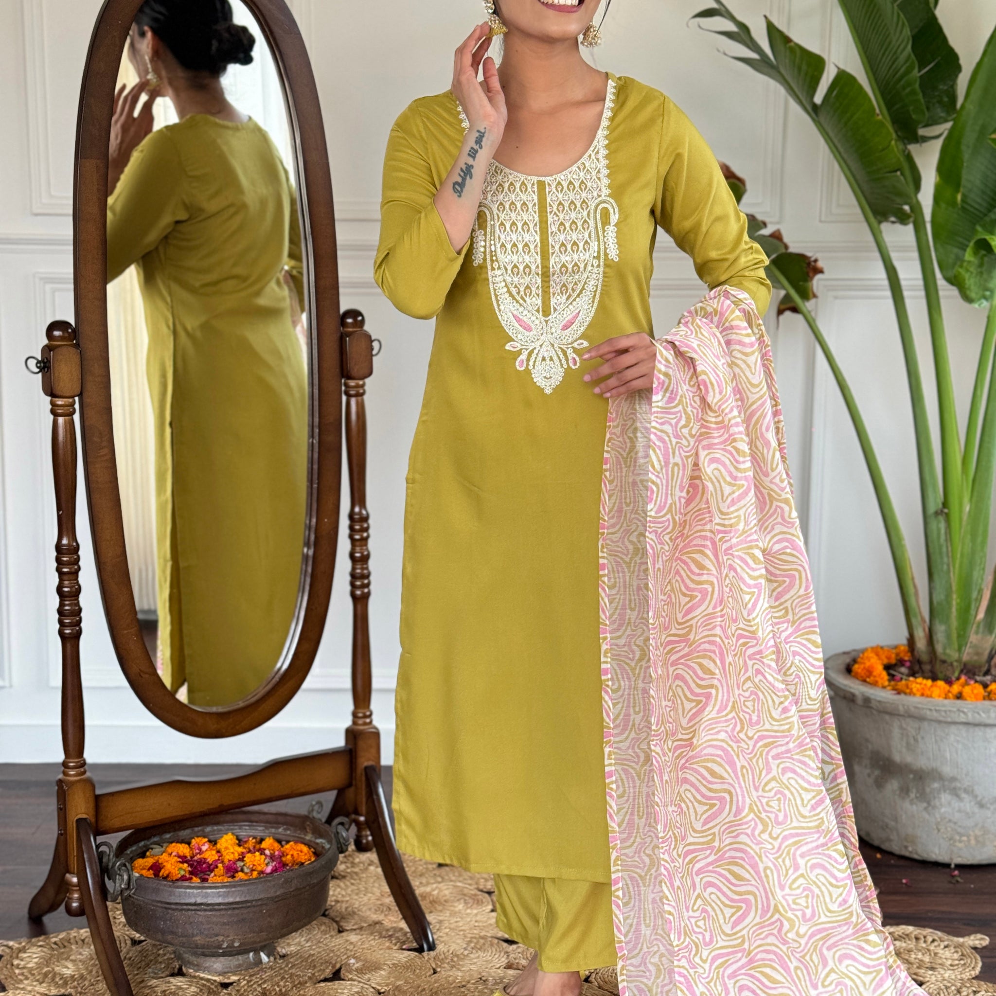 Mustard Yellow Viscose Slub Kurti Set with Embroidered Neckline