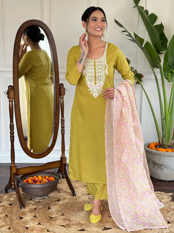 Mustard Yellow Viscose Slub Kurti Set with Embroidered Neckline