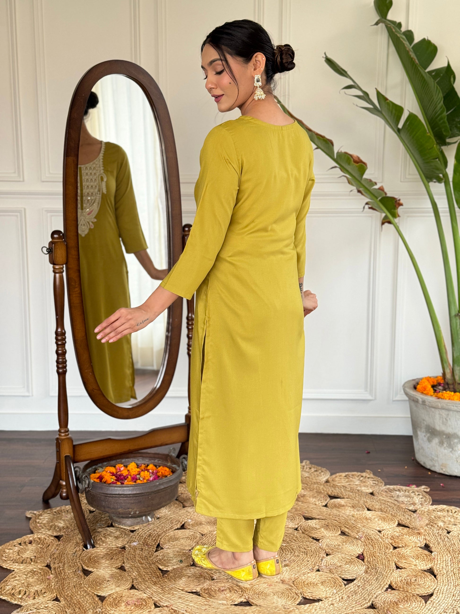 Mustard Yellow Viscose Slub Kurti Set with Embroidered Neckline