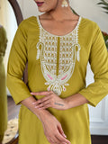 Mustard Yellow Viscose Slub Kurti Set with Embroidered Neckline