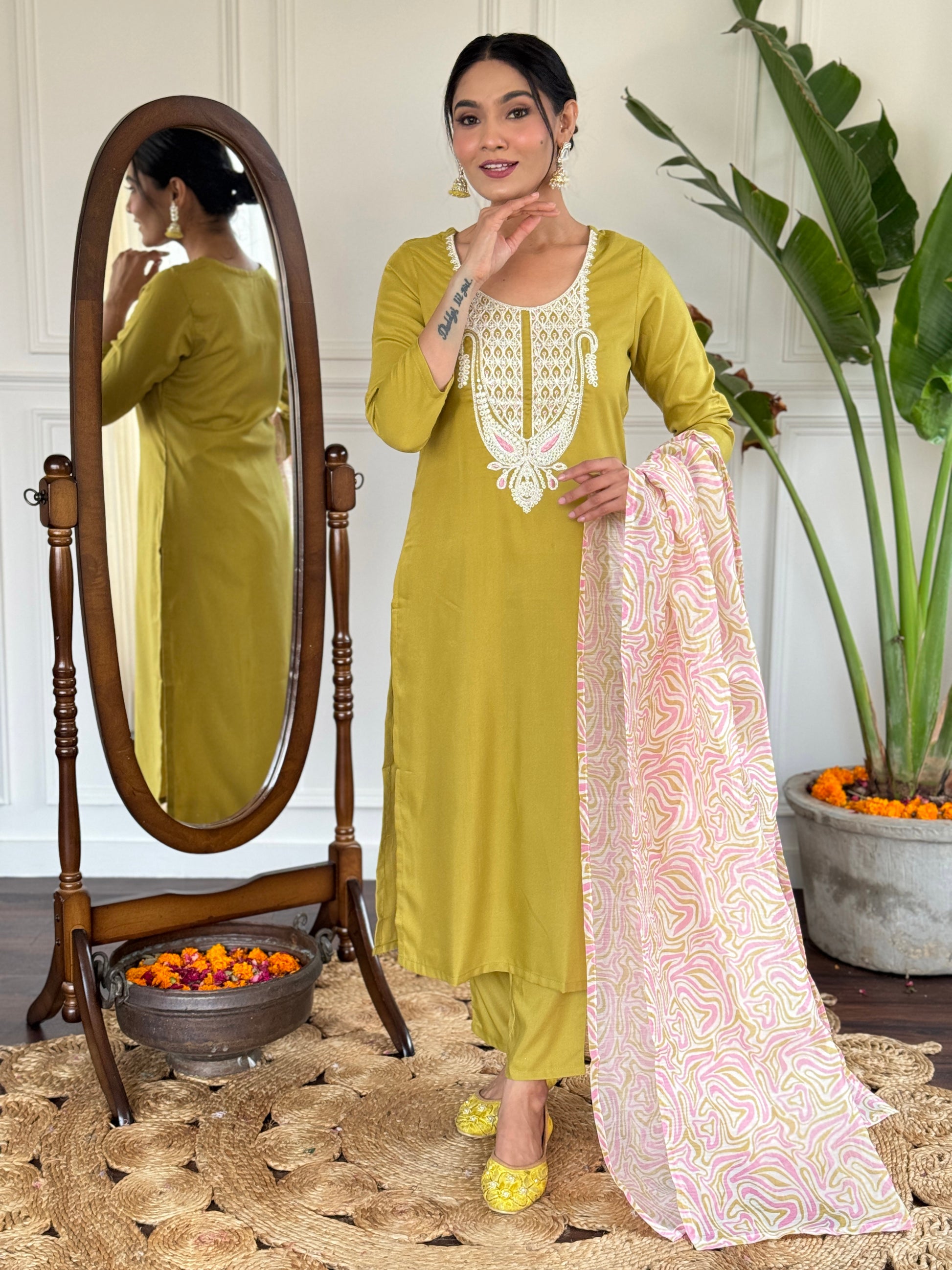 Mustard Yellow Viscose Slub Kurti Set with Embroidered Neckline