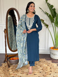 Blue Viscose Slub Kurti Set with Embroidered Neckline