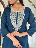 Blue Viscose Slub Kurti Set with Embroidered Neckline