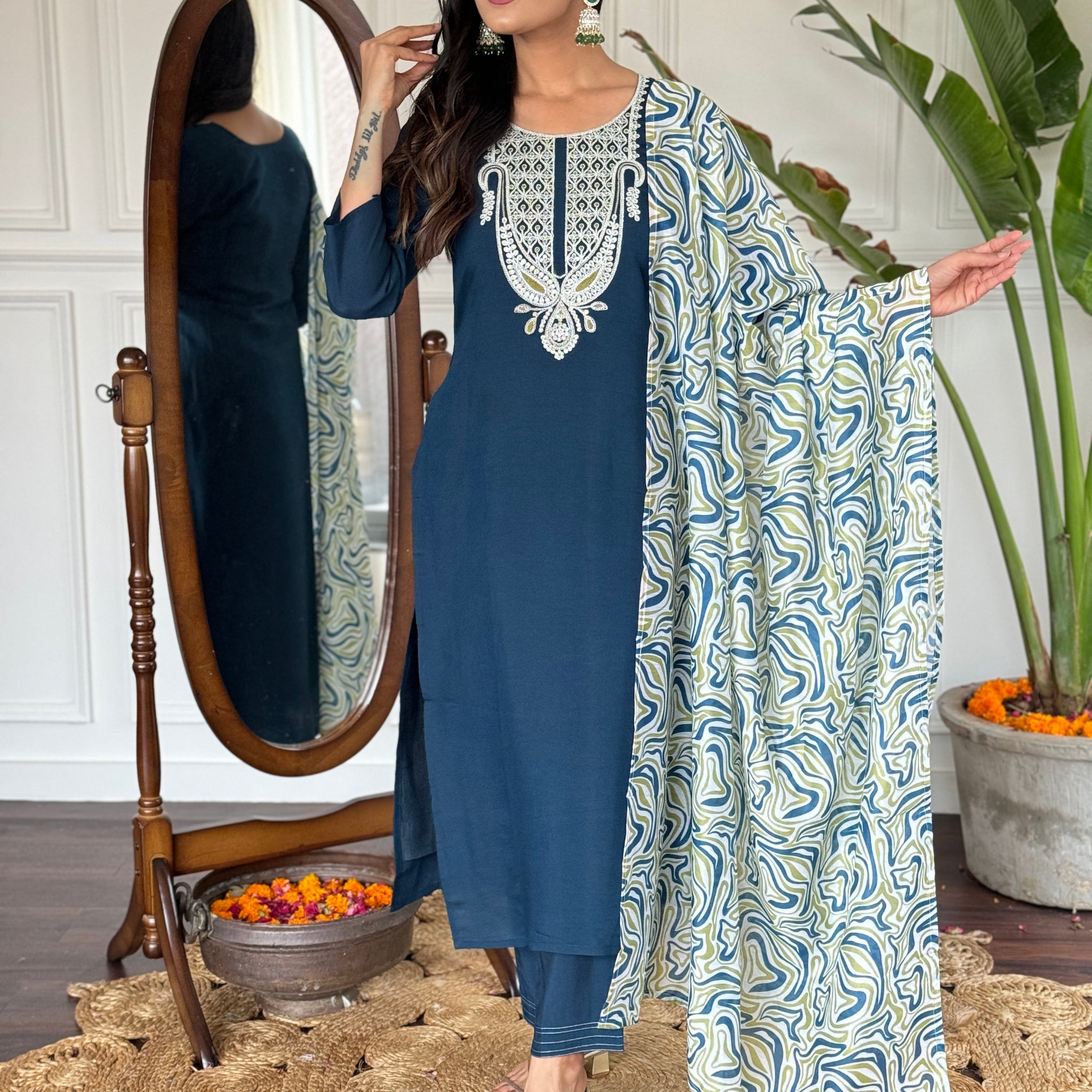 Blue Viscose Slub Kurti Set with Embroidered Neckline