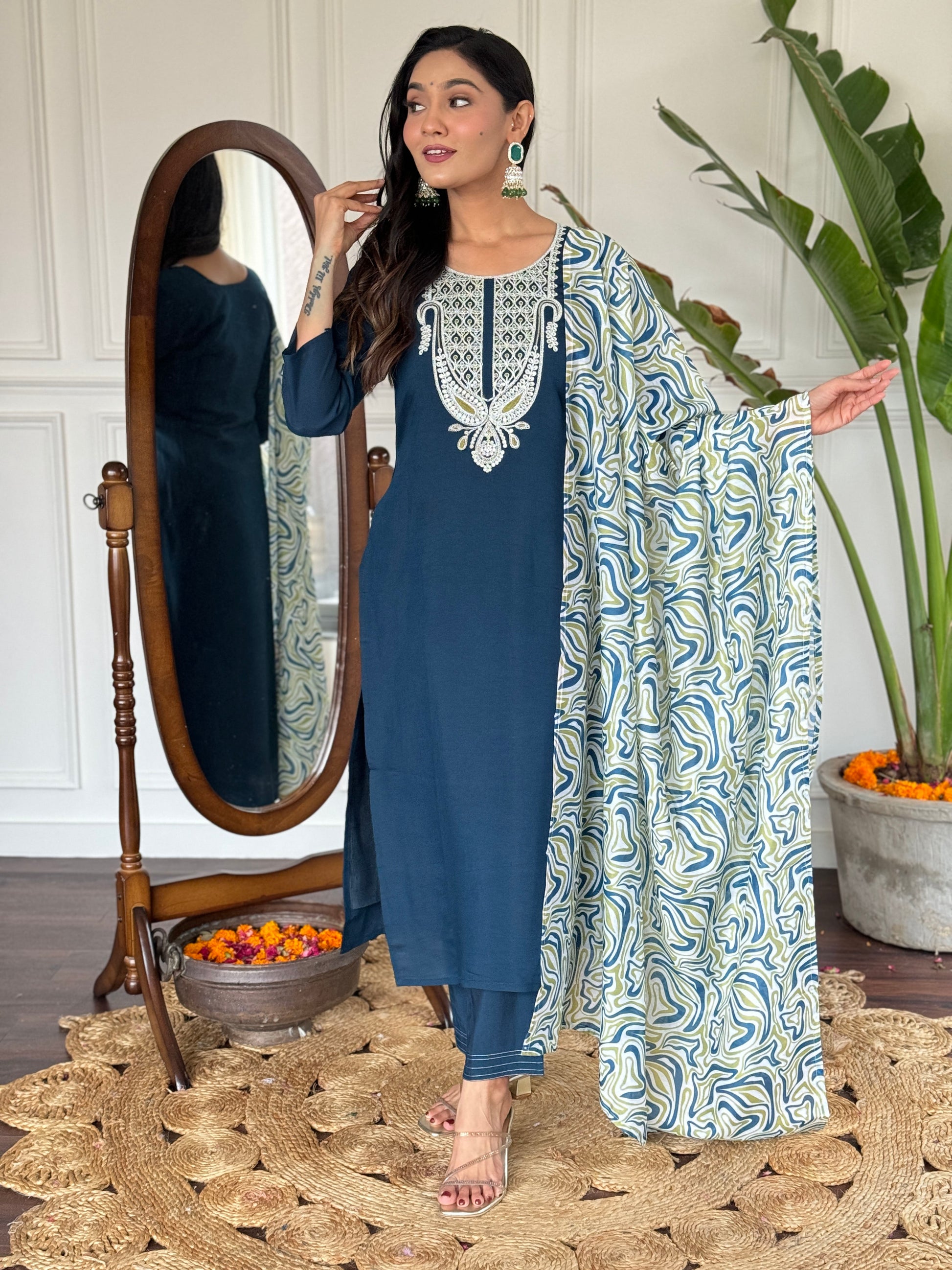 Blue Viscose Slub Kurti Set with Embroidered Neckline