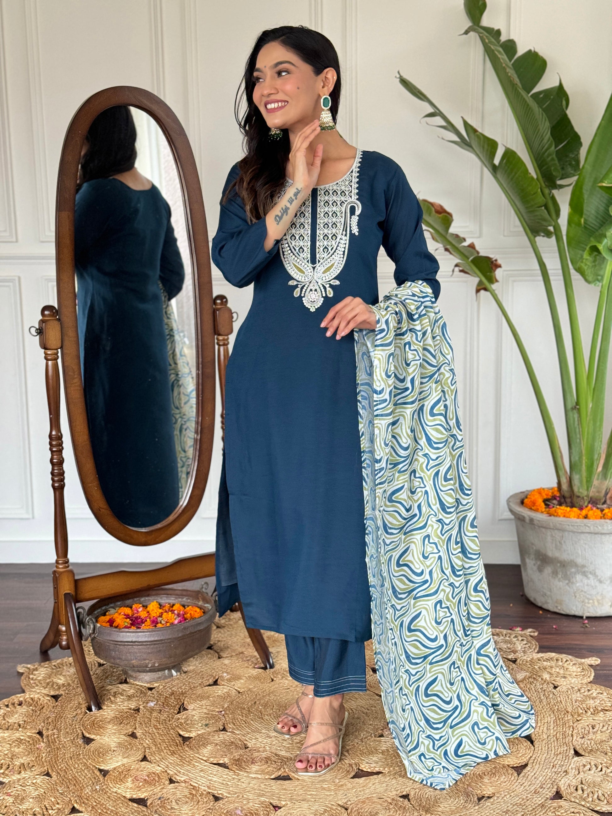 Blue Viscose Slub Kurti Set with Embroidered Neckline