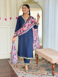 Navy Blue Viscose Slub Kurti Set with Intricate Embroidery