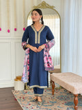 Navy Blue Viscose Slub Kurti Set with Intricate Embroidery