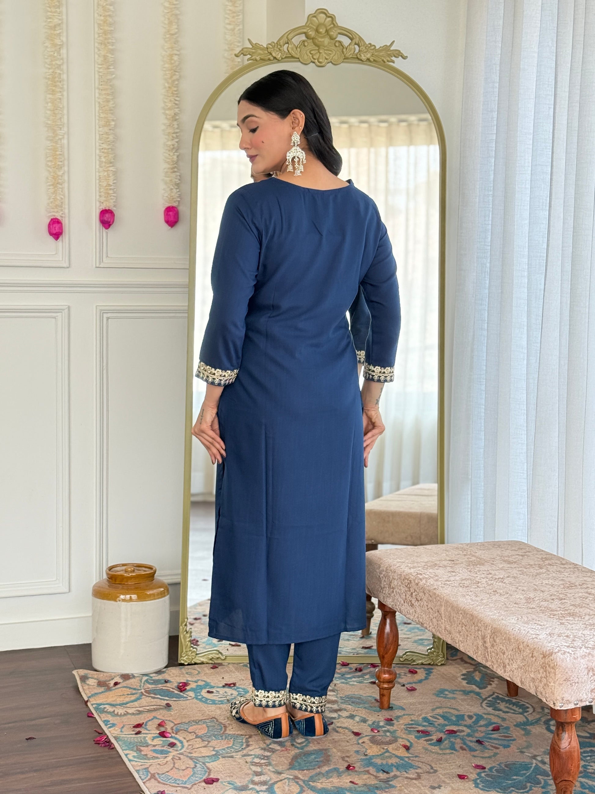 Navy Blue Viscose Slub Kurti Set with Intricate Embroidery