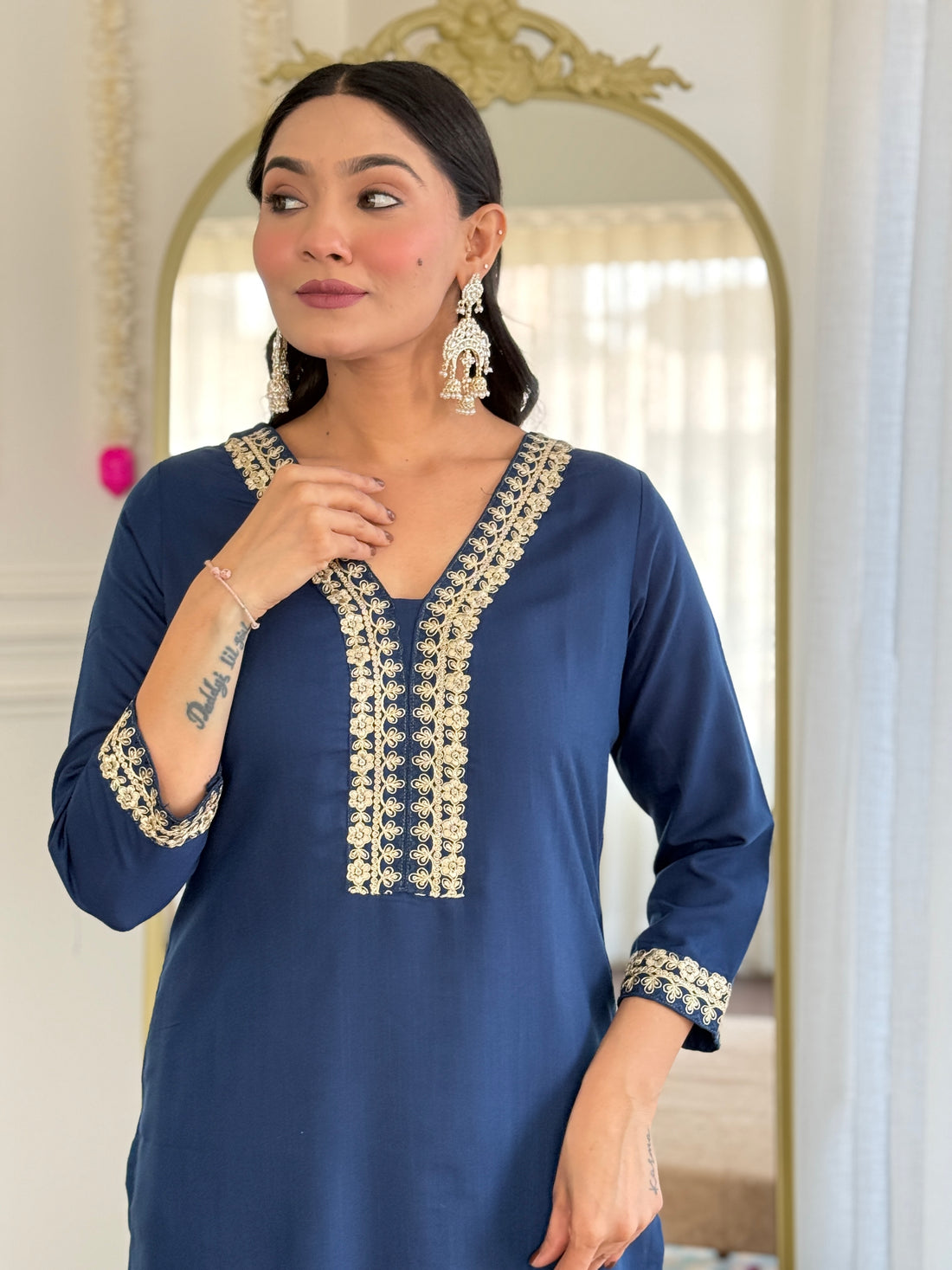 Navy Blue Viscose Slub Kurti Set with Intricate Embroidery