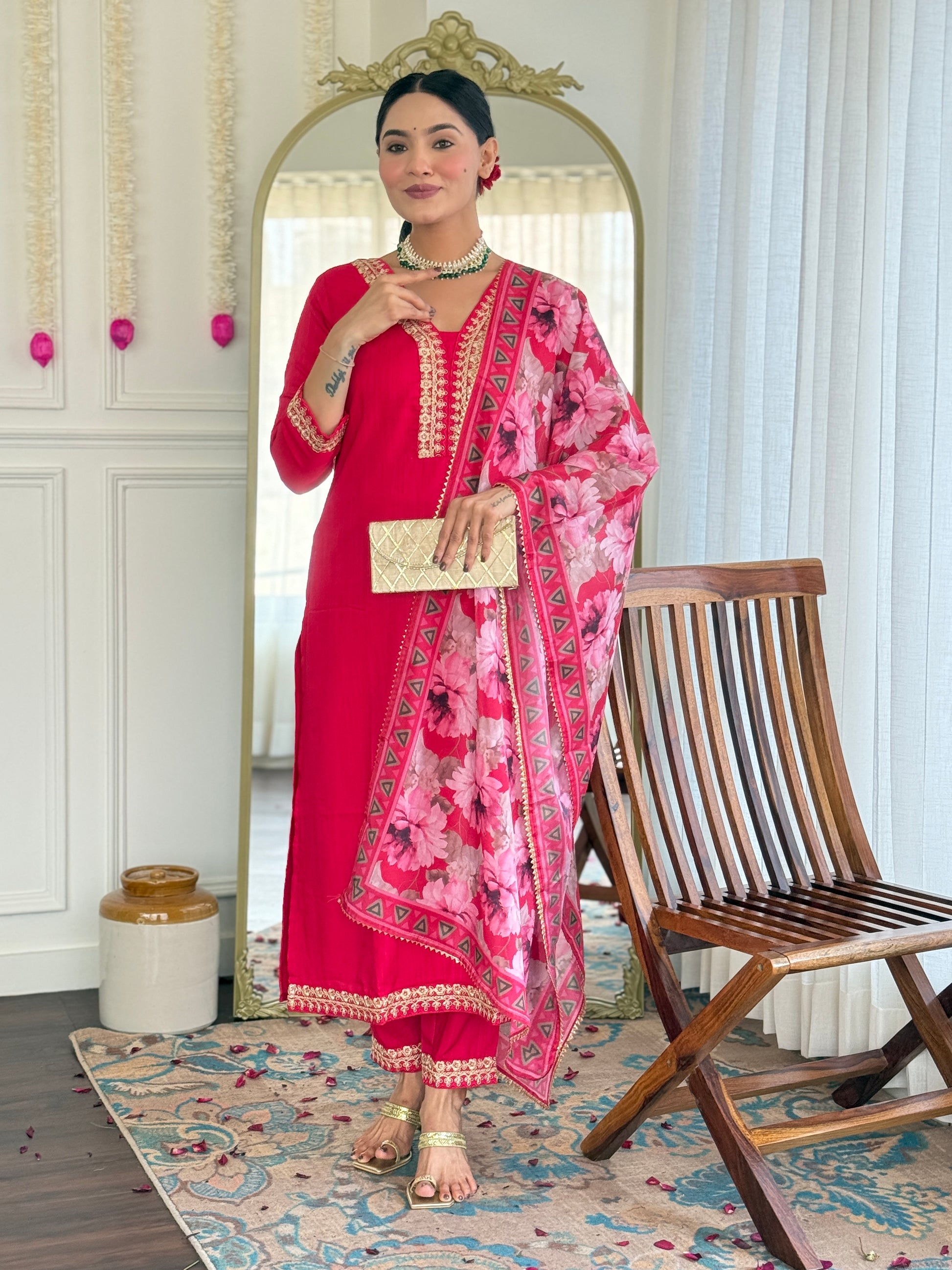 Rani Pink Embroidered Kurti Set with Floral Chinnon Dupatta