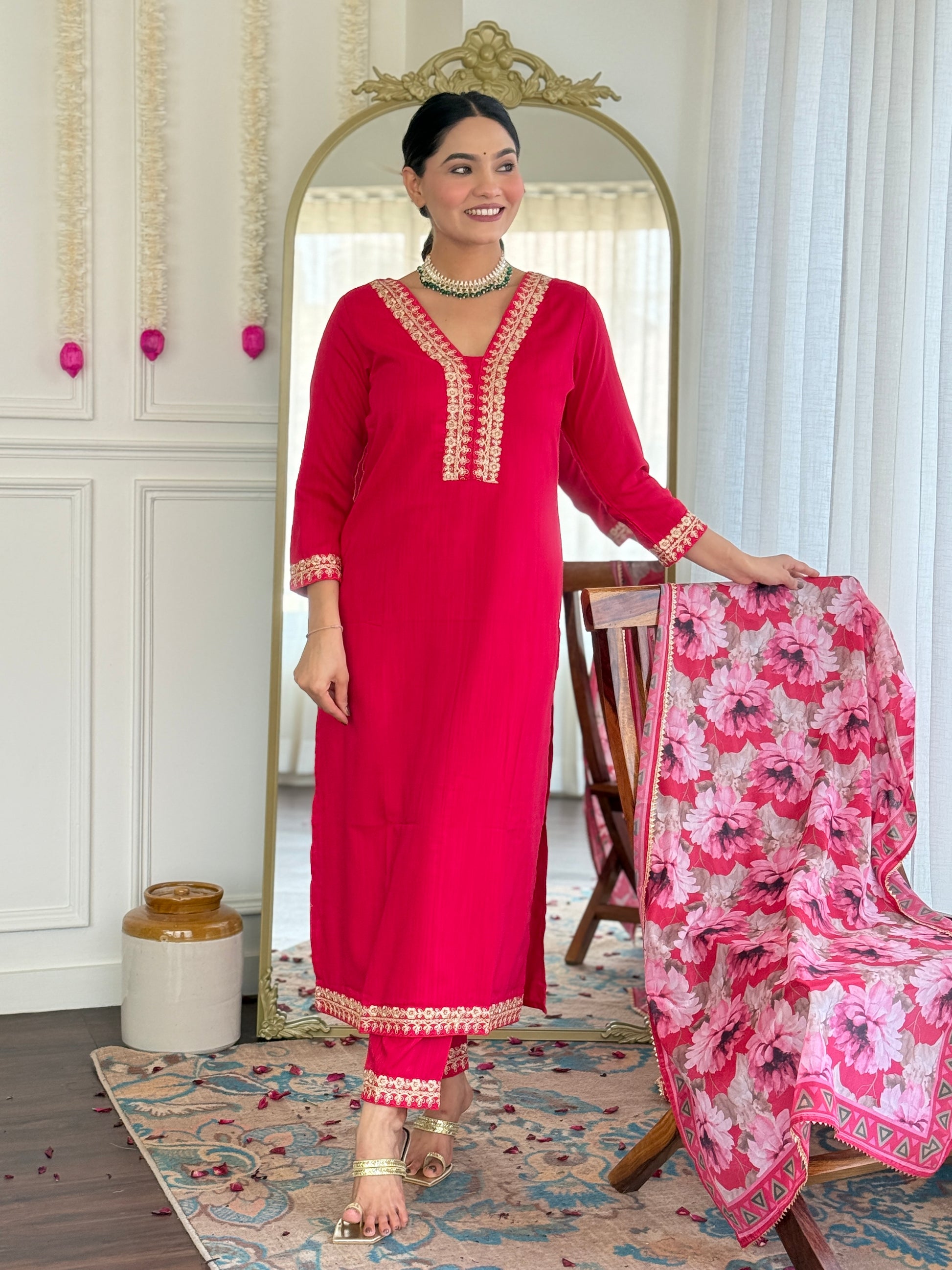 Rani Pink Embroidered Kurti Set with Floral Chinnon Dupatta