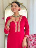 Rani Pink Embroidered Kurti Set with Floral Chinnon Dupatta