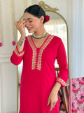 Rani Pink Embroidered Kurti Set with Floral Chinnon Dupatta