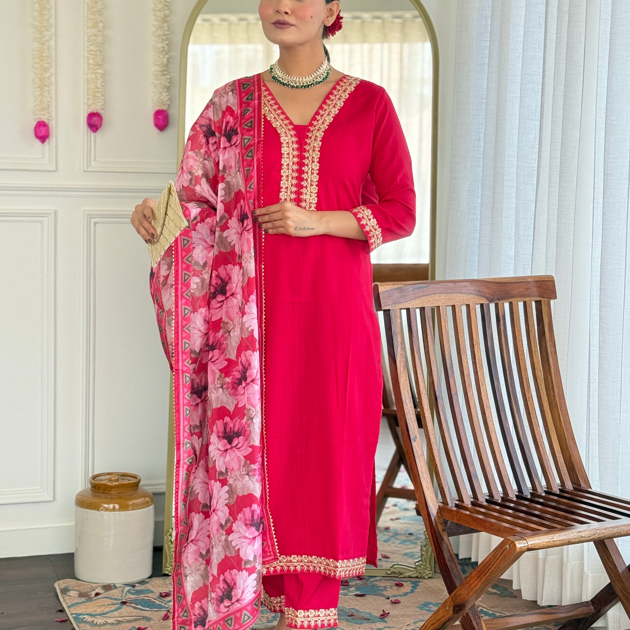 Rani Pink Embroidered Kurti Set with Floral Chinnon Dupatta