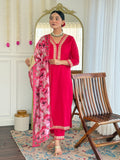 Rani Pink Embroidered Kurti Set with Floral Chinnon Dupatta