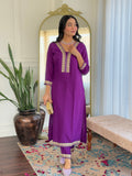 Purple Embroidered Kurti Set with Floral Chinnon Dupatta